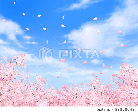 美しく華やかな桜の花と花びら舞い散る春の爽やか青空に雲のフレーム背景ベクター素材イラストのイラスト素材