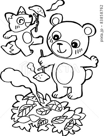 白黒 焚火で焼き芋を作って食べているクマとキツネのイラスト素材