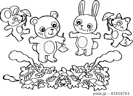 白黒 焚火で焼き芋を作って食べている動物たちのイラスト素材