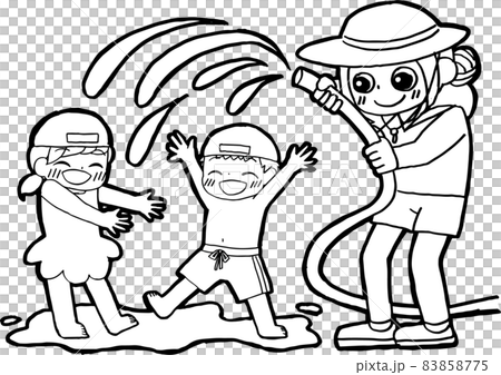 白黒 ホースで水をかけて遊んでいる先生と子どもたちのイラスト素材