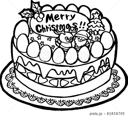 白黒 サンタとトナカイの飾りがのっているクリスマスケーキのイラスト素材