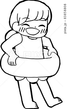 白黒 浮き輪を持って嬉しそうにしている水着の女の子のイラスト素材 8508