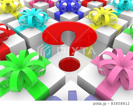 Red question mark between colored gift boxes 83858912