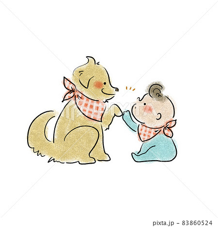 タッチする犬と赤ちゃんの手描きイラストのイラスト素材