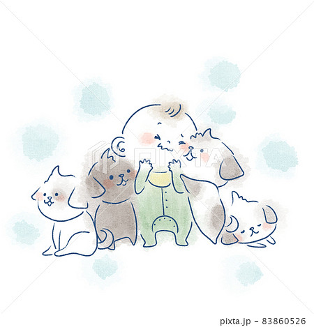 赤ちゃんと子犬の水彩風手描きイラスト 83860526