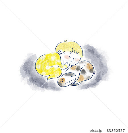 添い寝する猫と赤ちゃんの手描きイラストのイラスト素材