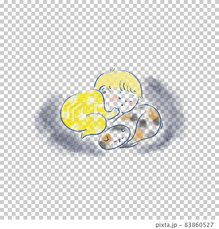 添い寝する猫と赤ちゃんの手描きイラスト 83860527