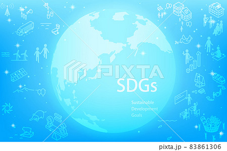 SDGs、光る地球とSDGsの文字とゴールアイコン、キラキラ星の輝く青背景 83861306