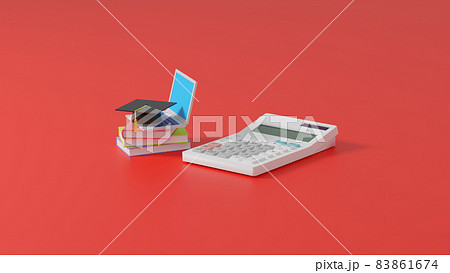 平面上に置かれた本、ノートパソコン、角帽のミニチュアおよび電卓 83861674