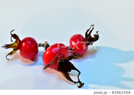 Red rose hips lie on a white background. 83862408