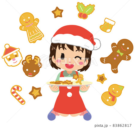 色々なクリスマスクッキーでもてなすサンタコスチュームのかわいい女の子 83862817
