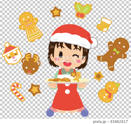 色々なクリスマスクッキーでもてなすサンタコスチュームのかわいい女の子 83862817