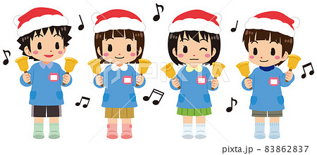 クリスマス会でサンタ帽をかぶりハンドベルを演奏する可愛い園児たちのイラスト素材 8627