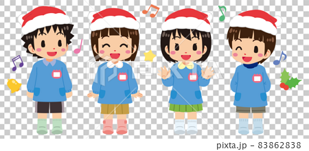 クリスマス会でサンタ帽をかぶり合唱する可愛い園児たちのイラスト素材 8628