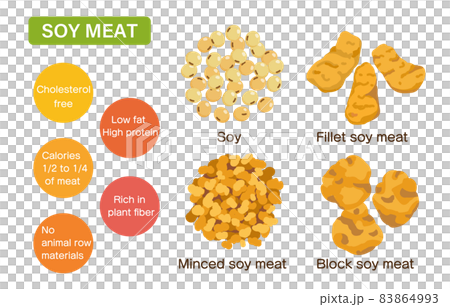 様々な形状の大豆ミートのイラスト(大豆・ミンチ・フィレ・ブロック） 83864993