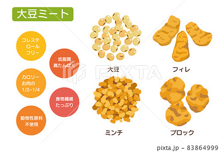 様々な形状の大豆ミートのイラスト(大豆・ミンチ・フィレ・ブロック） 83864999