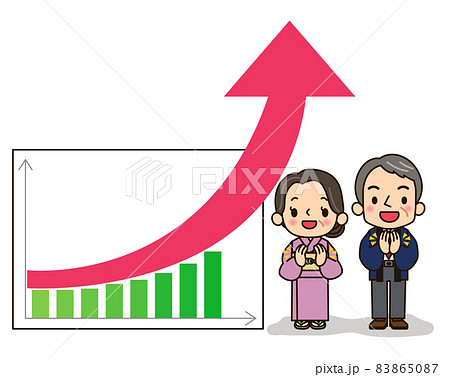 集客率UPのグラフの横で拍手する女将さんと番頭さん 集客率UPのグラフの横で拍手する女将さんと番頭さん 83865087
