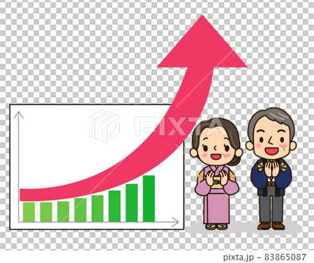 集客率UPのグラフの横で拍手する女将さんと番頭さん 集客率UPのグラフの横で拍手する女将さんと番頭さん 83865087