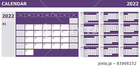 Calendar 2022 week start Sunday design planner with violet and grey 83866252