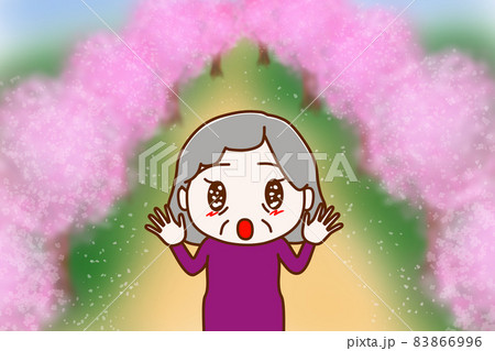 桜並木を見て目を輝かせて感動している高齢の女性のイラスト素材 桜並木を見て目を輝かせて感動している高齢の女性のイラスト素材