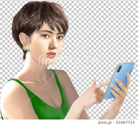 "Who is this?" A woman looking up a smartphone 83867724