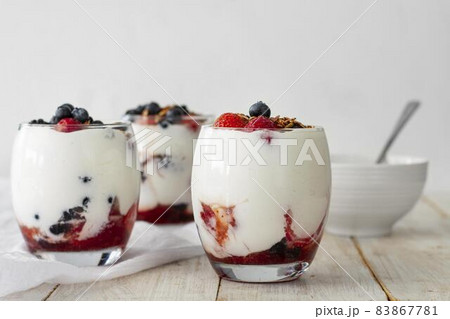 fruit yogurt glasses composition. High quality beautiful photo concept 83867781