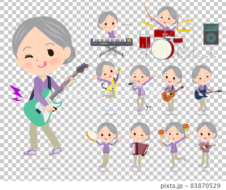 ロックンロールやポップミュージックを演奏するジャージ高齢女性のセット 83870529