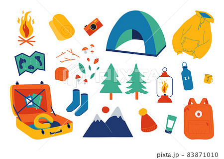 Camping set. Outdoor recreation, nature exploration hiking and expedition. Vector adventure set with map, tent and bonfire elements adventures on outdoor hiking 83871010