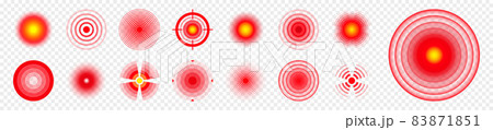 Pain localization marks. Painful area, aching spot. Red circles, targets. Headache, bruised body Pain localization marks. Painful area, aching spot. Red circles, targets. Headache, bruised body 83871851