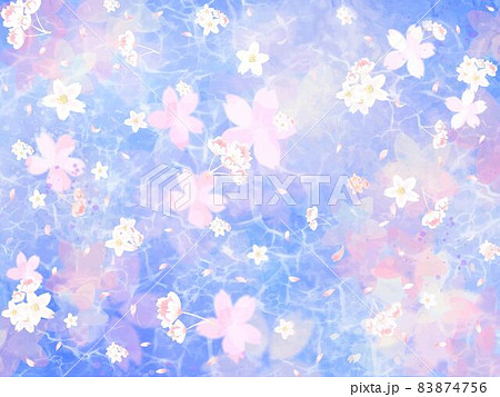 淡い紫色と鮮やかな青とピンクの桜と花びらの春の水のイメージ壁紙背景素材のイラスト素材