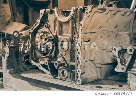Black and White Zoom Side View Cylinder Block and Cylinder Head of Truck Engine Black and White Zoom Side View Cylinder Block and Cylinder Head of Truck Engine 83874777