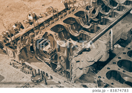 Black and White Side View Cylinder Block and Cylinder Head of Truck Engine Black and White Side View Cylinder Block and Cylinder Head of Truck Engine 83874783