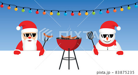 cute santa claus and snowman with sunglasses at christmas bbq 83875235