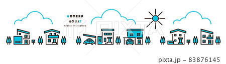 モダンな住宅のイラストセット 水色のツートーン モダンな住宅のイラストセット 水色のツートーン 83876145