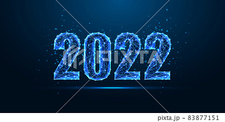 Abstract 2022 Happy New Year digital web banner template in futuristic glowing polygona 83877151