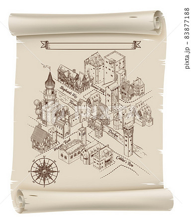 Medieval Town Map Scroll Vintage Illustration 83877188