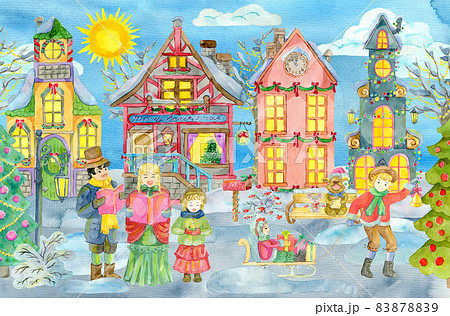 Greeting card with Christmas carolers, beautiful vintage houses and children in skedges at sunny day.  Watercolor illustrations. Winter Christmas and New Year holiday concept 83878839