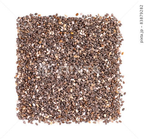 Chia seeds isolated on white background. Healthy superfood. Closeup macro of small organic chia seeds. Top view. 83879282
