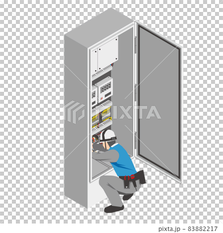 Workers crouching down to work on the control panel (isometric) 83882217