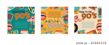 Back to the 90s. Video and audio cassettes, TV with VCR, vinyl records. Set of vector multicolor backgrounds for poster or invitation. Back to the 90s. Video and audio cassettes, TV with VCR, vinyl records. Set of vector multicolor backgrounds for poster or invitation. 83884328