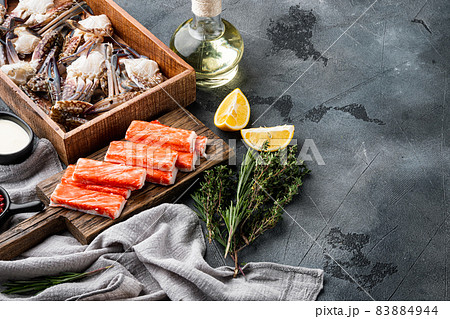 Asian snack surimi, on gray background , with copyspace and space for text Asian snack surimi, on gray background , with copyspace and space for text 83884944