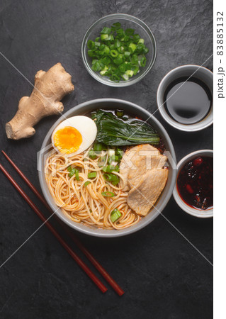 Ramen is asian noodles in a bowl with meat broth Ramen is asian noodles in a bowl with meat broth 83885132