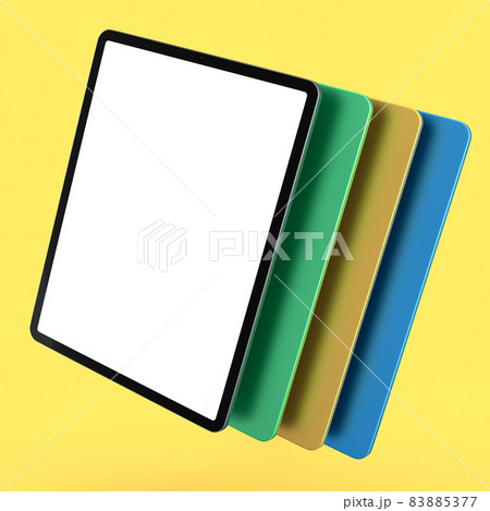 Set of computer tablets with cover case and blank screen isolated on yellow. Set of computer tablets with cover case and blank screen isolated on yellow. 83885377