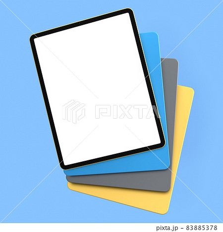 Set of computer tablets with cover case and blank screen isolated on blue. 83885378