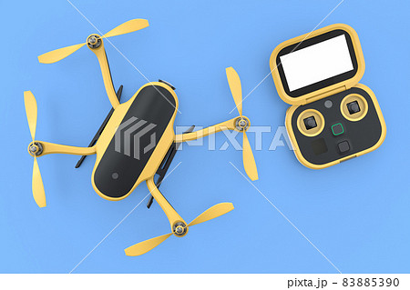 Photo and video drone or quad copter with action camera and remote on blue 83885390