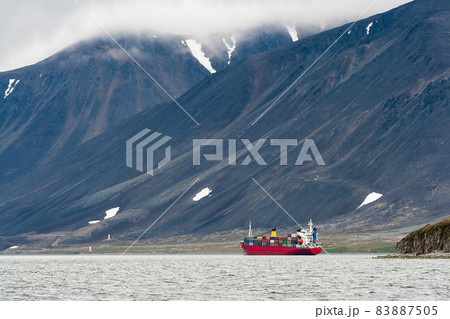 Cargo ship in Providence Bay. Chukotka, Russia. Arctic, Extreme North. 83887505