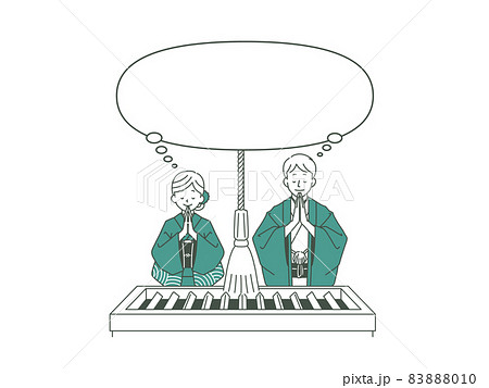 お参りしている男女と吹き出し-2色 お参りしている男女と吹き出し-2色 83888010