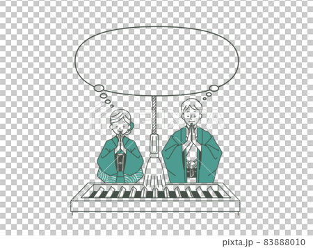 お参りしている男女と吹き出し-2色 お参りしている男女と吹き出し-2色 83888010