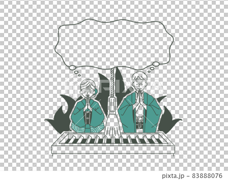 お参りしている男女と吹き出し-2色 83888076