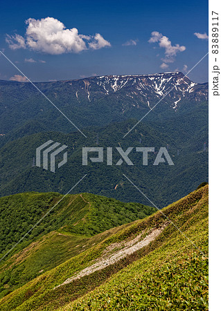 谷川連峰・平標山稜線から見る松手山コースと残雪の苗場山 谷川連峰・平標山稜線から見る松手山コースと残雪の苗場山 83889117